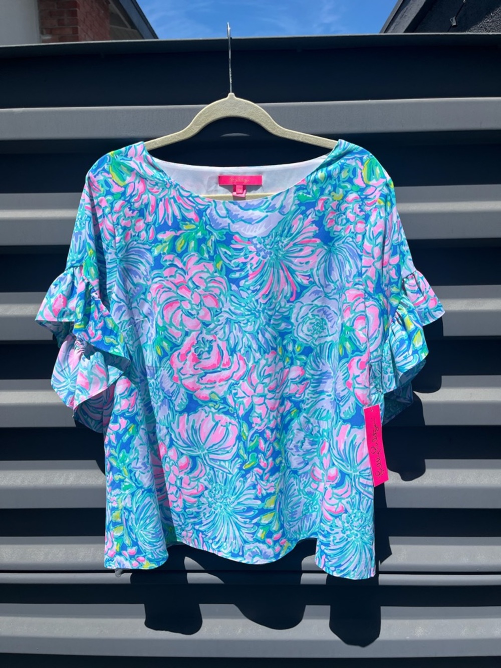 Lilly Pulitzer Pink & Blue Floral Ruffle Sleeve Top